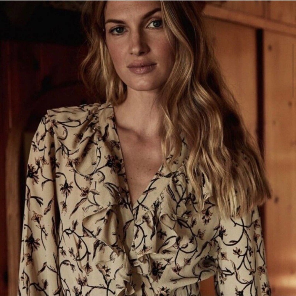 Doen | Zinnia Cream Black Floral Scroll Print Ruffle Midi Wrap Dress S